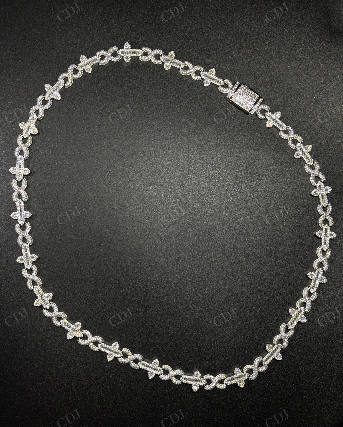 12mm Sterling Silver Moissanite Cross Baguette Infinity Chain