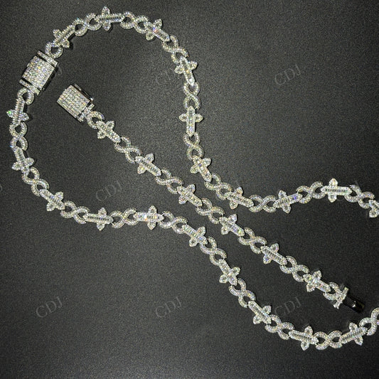12mm Sterling Silver Moissanite Cross Baguette Infinity Chain