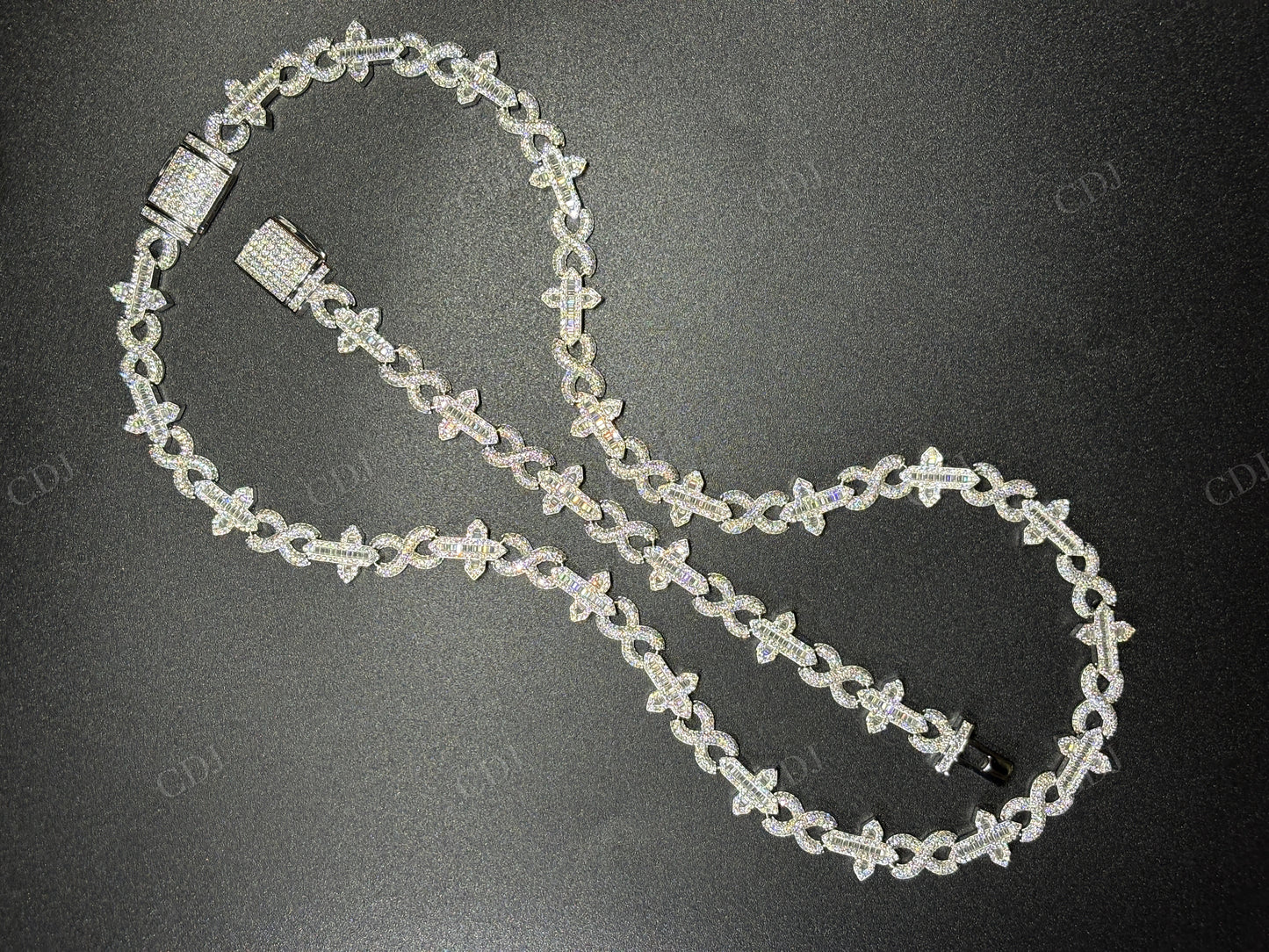 12mm Sterling Silver Moissanite Cross Baguette Infinity Chain