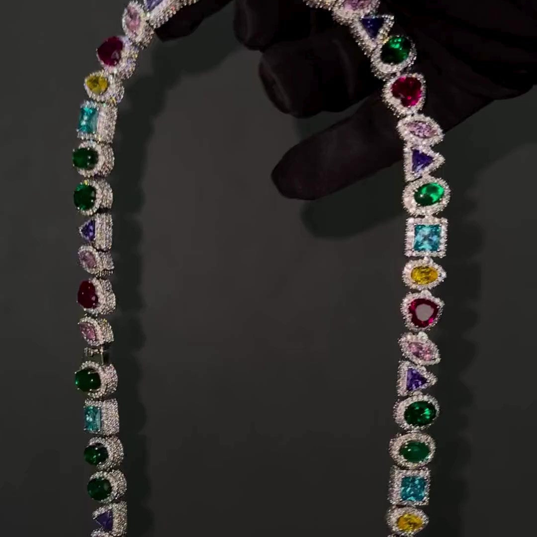 12mm Multi Stone 925 Sterling Silver Moissanite Chain