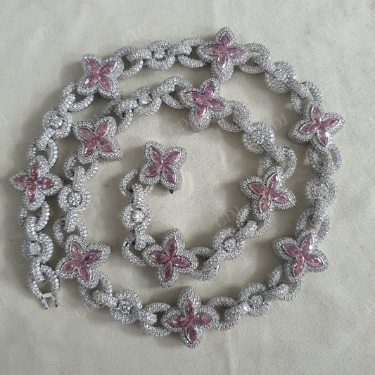 21mm Sterling Silver Moissanite Pink Flower Chain