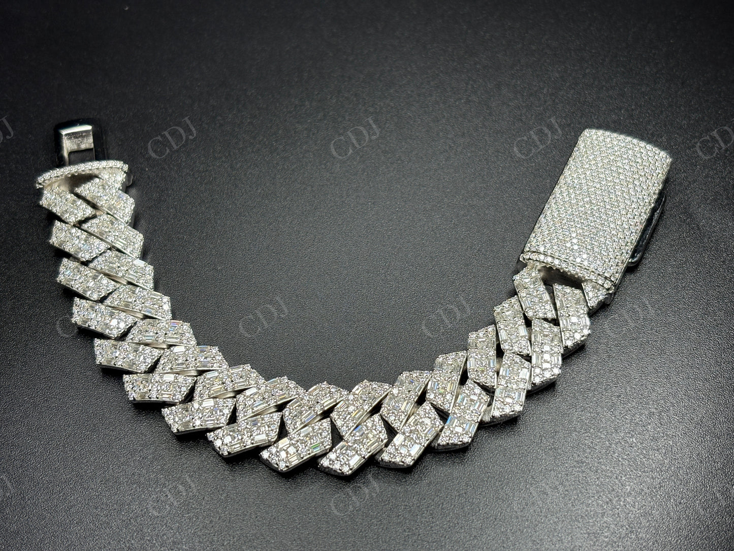 18mm Round and baguette Moissanite Sterling Silver Cuban Chain