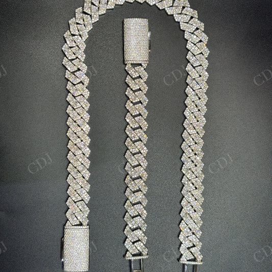 18mm Round and baguette Moissanite Sterling Silver Cuban Chain