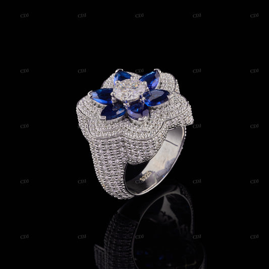 Blue Flower Shape Moissanite Sterling Silver Ring