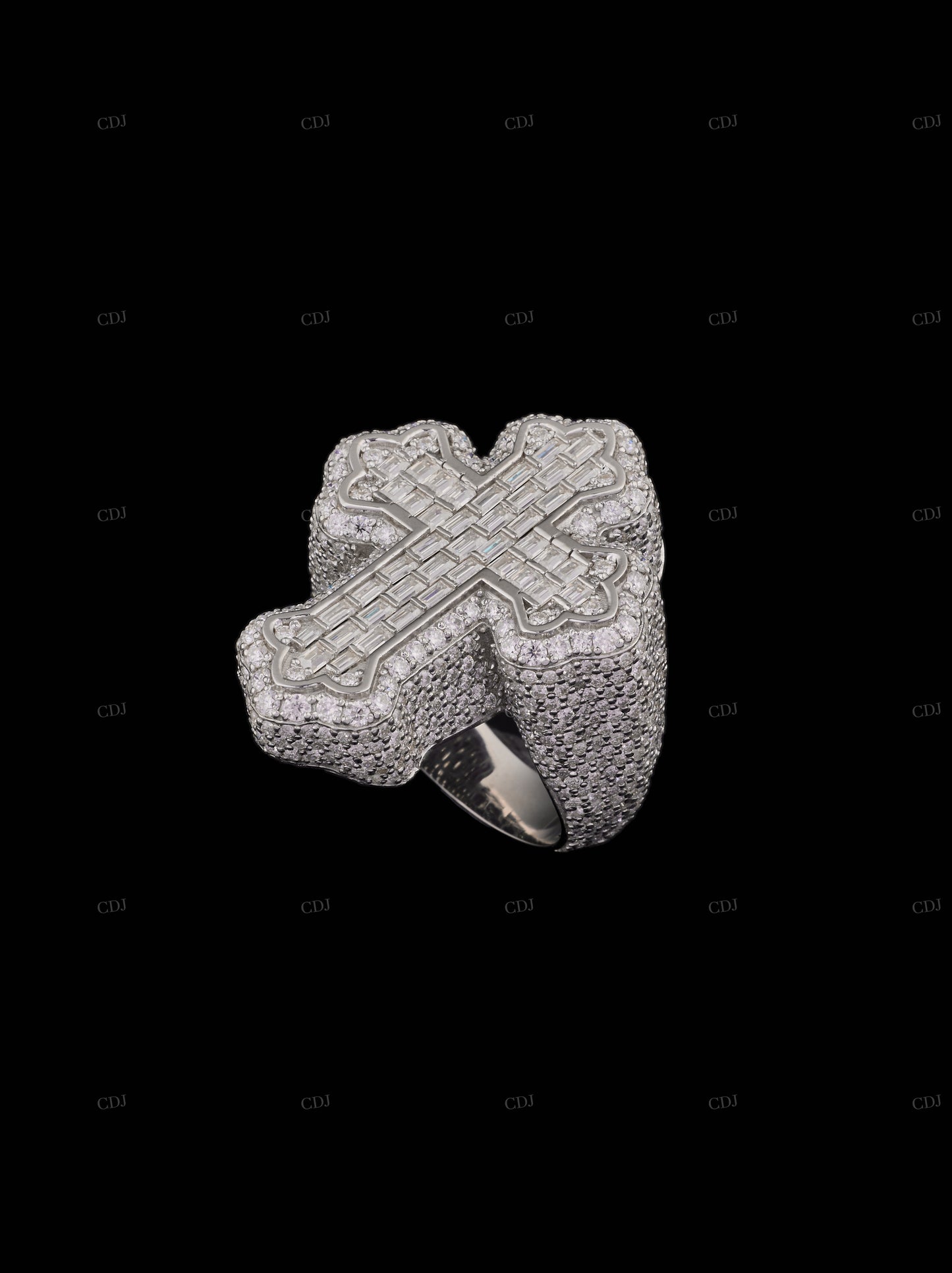 Floral Shape Cross Moissanite Sterling Silver Ring