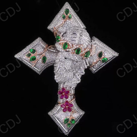 3" Sterling Silver Moissanite Jesus Face Cross Pendant