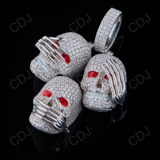 1.08" Sterling Silver Moissanite 3 Skull Pendant