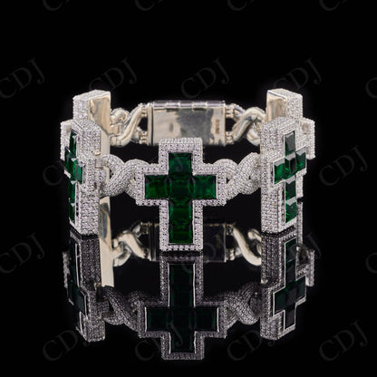Silver Green Square Coss Moissanite Bracelet