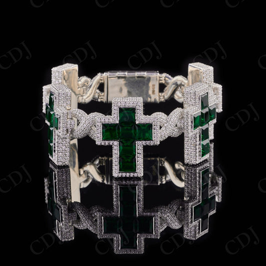 Silver Green Square Coss Moissanite Bracelet