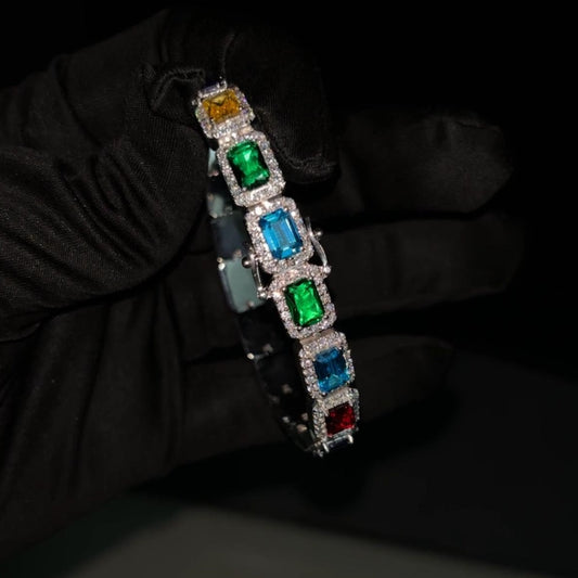 Rainbow Multi Emerald Silver Moissanite Bracelet